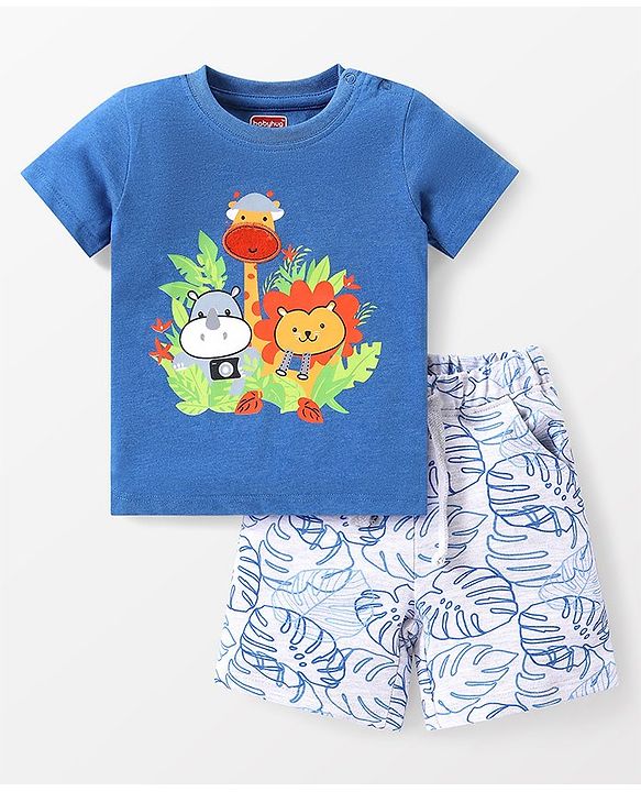 Babyhug Single Jersey Knit Half Sleeves T-Shirt & Shorts Set with Animal Print - Blue & White