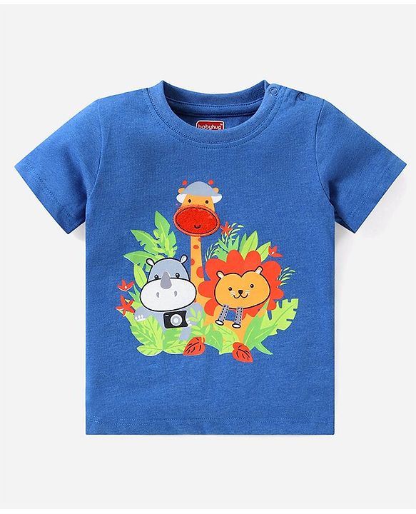 Babyhug Single Jersey Knit Half Sleeves T-Shirt & Shorts Set with Animal Print - Blue & White