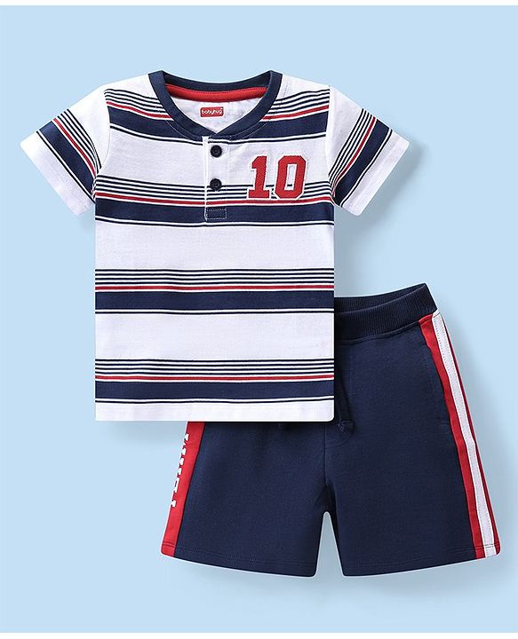 Babyhug Single Jersey Knit Half Sleeves Striped T-Shirt & Shorts Set - Blue