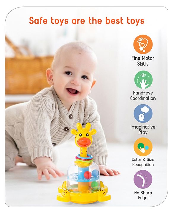 Babyhug Premium Giraffe Press and Spin Toy for Kids- Yellow| Pre-school Toys for Kids| Encourage Walking, Build Gross Motor Skills and Hand-Eye Coordination| BIS Certified| 18 Months+