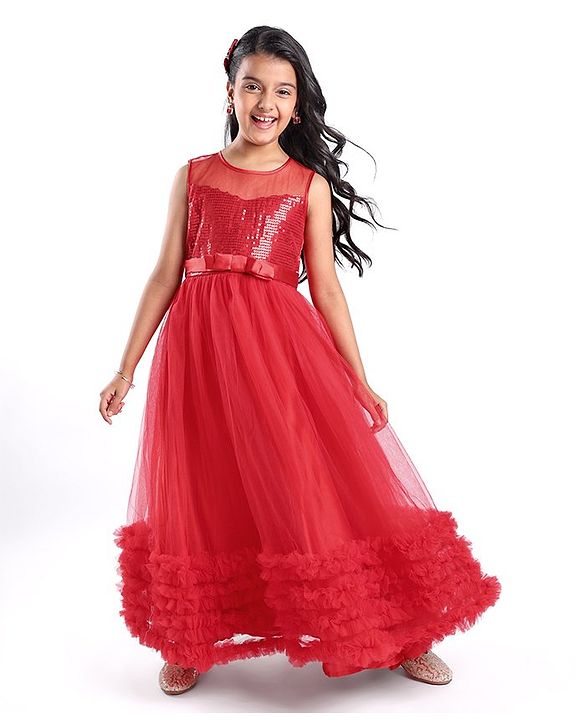 Pine Kids Sleeveless Party Gown with Sequin Detailing - Red