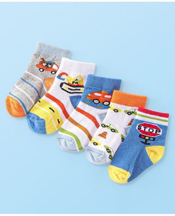 Cute Walk By Babyhug Anti Bacterial Cotton Rich Non Terry Ankle Length Socks Stripes & Car Deign Pack Of 5 - Multicolor