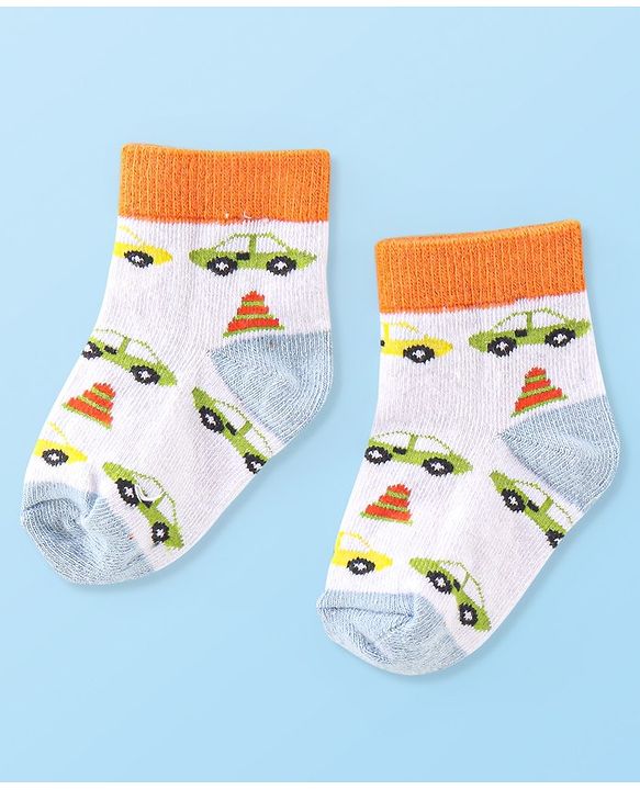 Cute Walk By Babyhug Anti Bacterial Cotton Rich Non Terry Ankle Length Socks Stripes & Car Deign Pack Of 5 - Multicolor