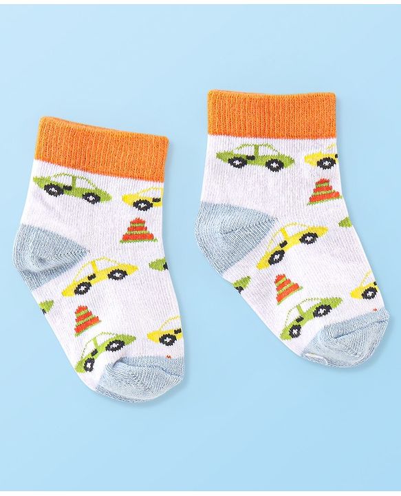 Cute Walk By Babyhug Anti Bacterial Cotton Rich Non Terry Ankle Length Socks Stripes & Car Deign Pack Of 5 - Multicolor
