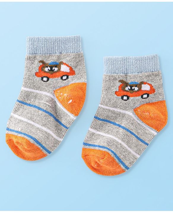 Cute Walk By Babyhug Anti Bacterial Cotton Rich Non Terry Ankle Length Socks Stripes & Car Deign Pack Of 5 - Multicolor