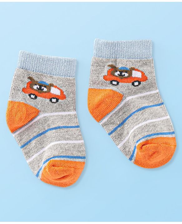 Cute Walk By Babyhug Anti Bacterial Cotton Rich Non Terry Ankle Length Socks Stripes & Car Deign Pack Of 5 - Multicolor