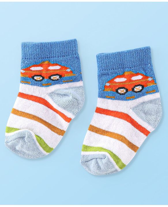 Cute Walk By Babyhug Anti Bacterial Cotton Rich Non Terry Ankle Length Socks Stripes & Car Deign Pack Of 5 - Multicolor
