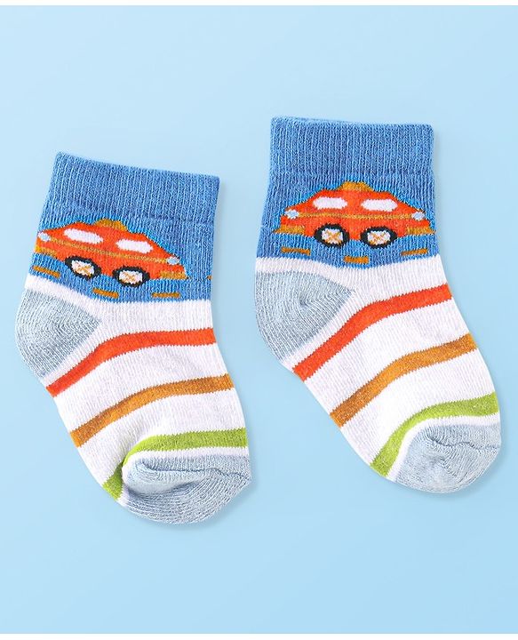Cute Walk By Babyhug Anti Bacterial Cotton Rich Non Terry Ankle Length Socks Stripes & Car Deign Pack Of 5 - Multicolor