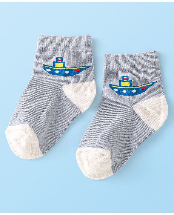 Cute Walk By Babyhug Anti-Bacterial Ankle Length Socks Boat & Stripes Design  Pack Of 5- Blue Grey & White