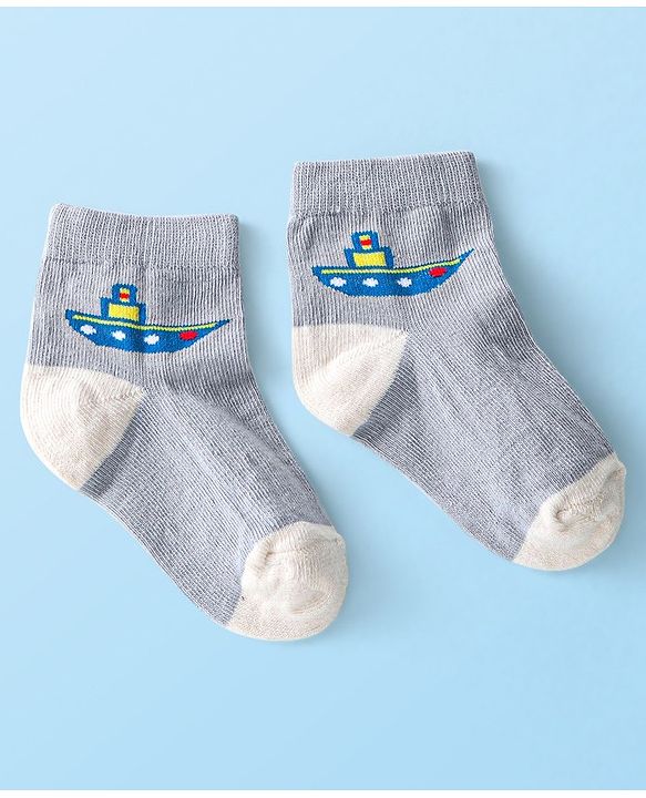 Cute Walk By Babyhug Anti-Bacterial Ankle Length Socks Boat & Stripes Design  Pack Of 5- Blue Grey & White
