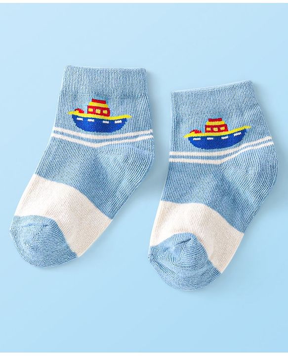 Cute Walk By Babyhug Anti-Bacterial Ankle Length Socks Boat & Stripes Design  Pack Of 5- Blue Grey & White