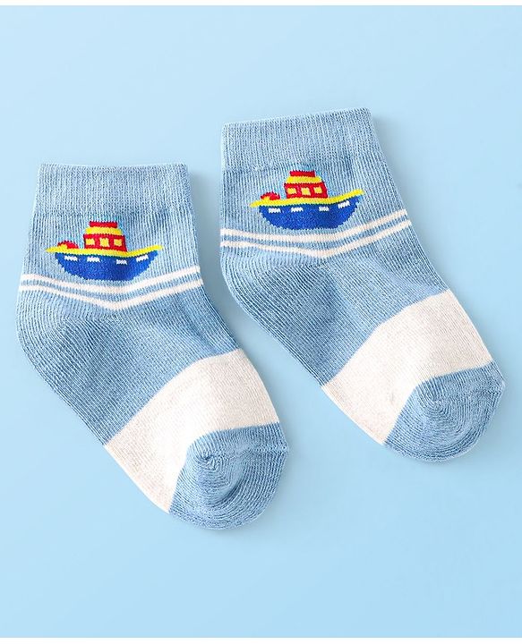 Cute Walk By Babyhug Anti-Bacterial Ankle Length Socks Boat & Stripes Design  Pack Of 5- Blue Grey & White