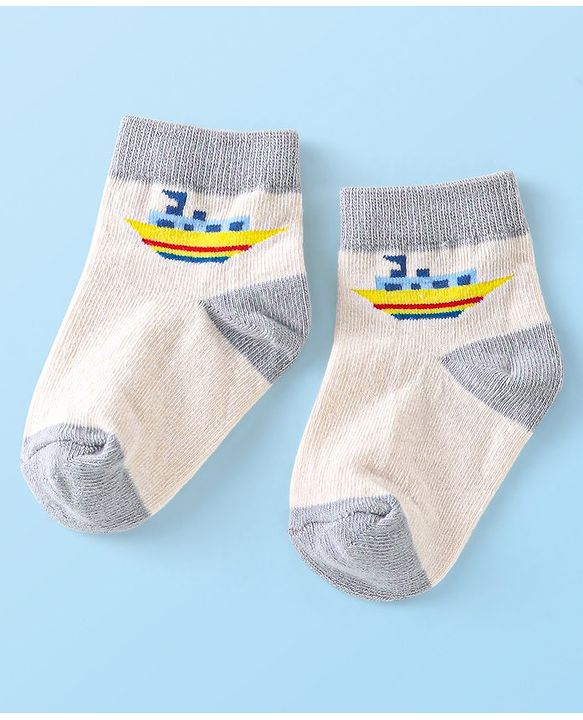 Cute Walk By Babyhug Anti-Bacterial Ankle Length Socks Boat & Stripes Design  Pack Of 5- Blue Grey & White