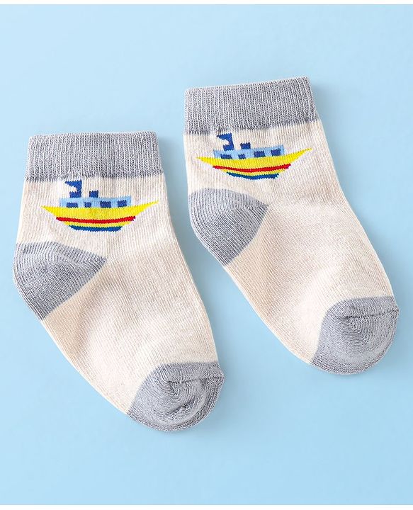 Cute Walk By Babyhug Anti-Bacterial Ankle Length Socks Boat & Stripes Design  Pack Of 5- Blue Grey & White
