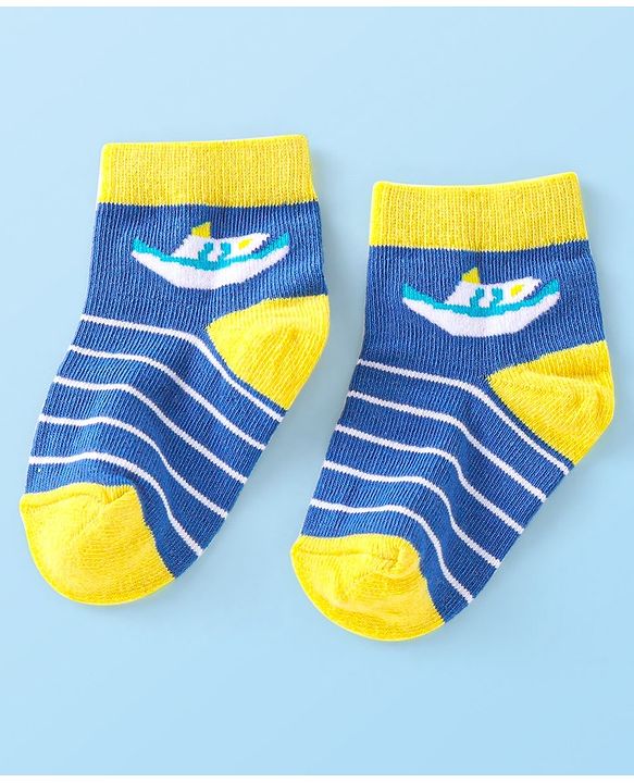 Cute Walk By Babyhug Anti-Bacterial Ankle Length Socks Boat & Stripes Design  Pack Of 5- Blue Grey & White