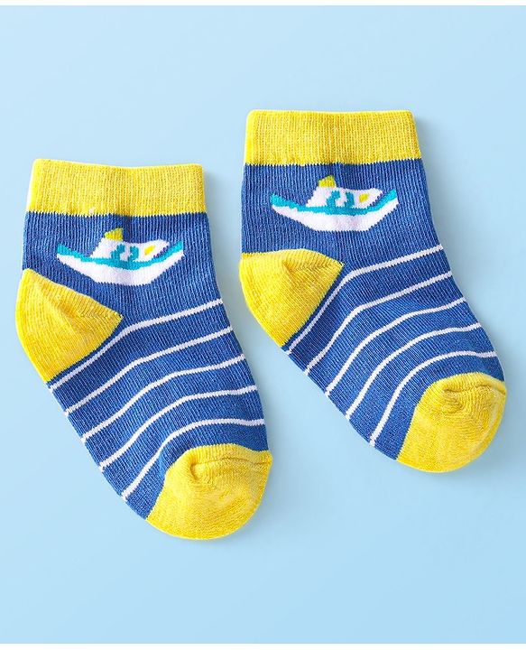 Cute Walk By Babyhug Anti-Bacterial Ankle Length Socks Boat & Stripes Design  Pack Of 5- Blue Grey & White