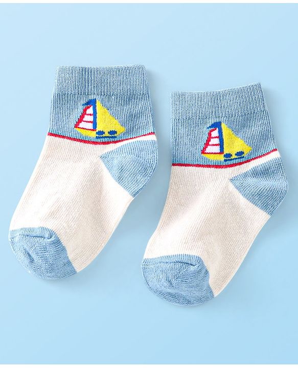 Cute Walk By Babyhug Anti-Bacterial Ankle Length Socks Boat & Stripes Design  Pack Of 5- Blue Grey & White