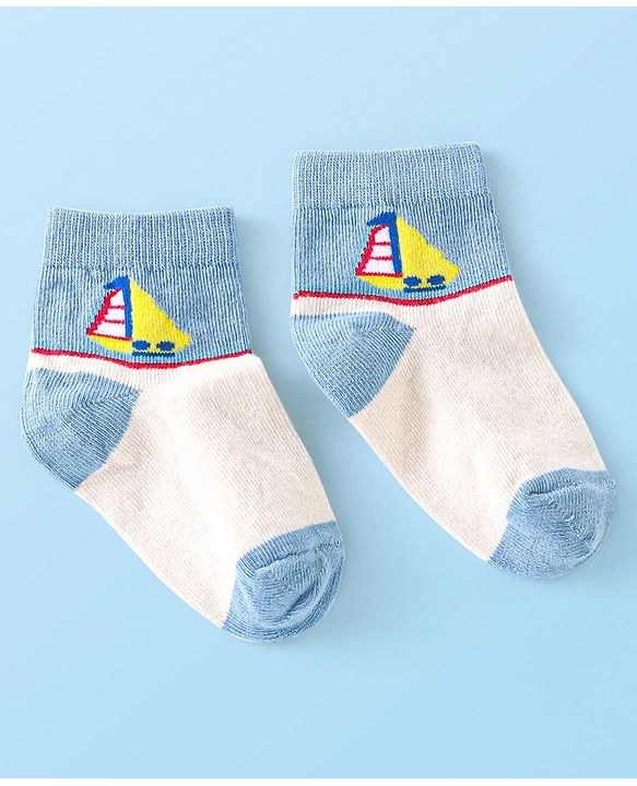 Cute Walk By Babyhug Anti-Bacterial Ankle Length Socks Boat & Stripes Design  Pack Of 5- Blue Grey & White