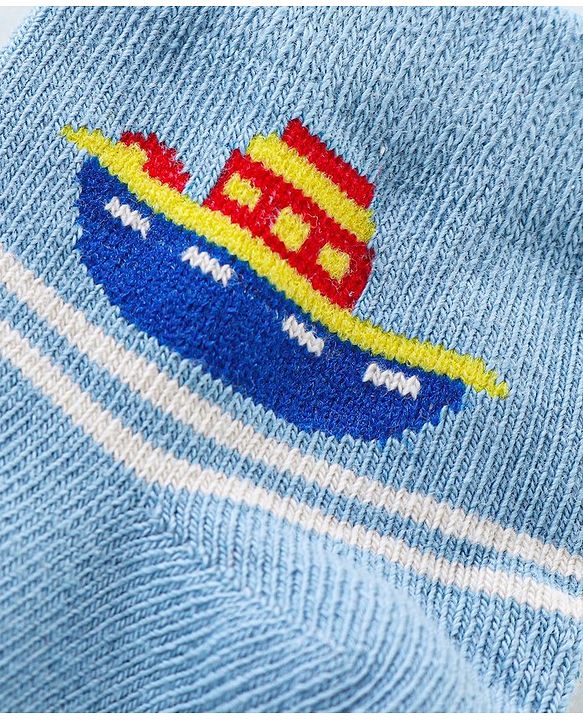 Cute Walk By Babyhug Anti-Bacterial Ankle Length Socks Boat & Stripes Design  Pack Of 5- Blue Grey & White