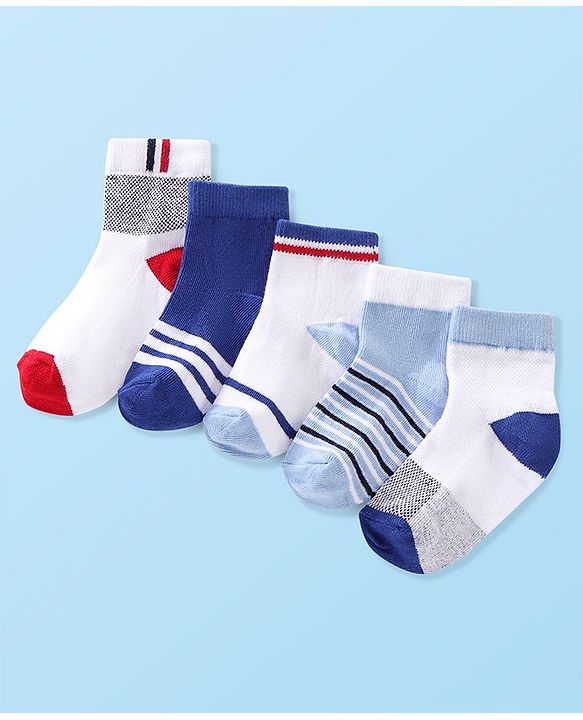 Cute Walk by Babyhug Cotton Blend Rich Non Terry Antibacterial Ankle Length Socks Striped Design Pack of 5 - Blue & White