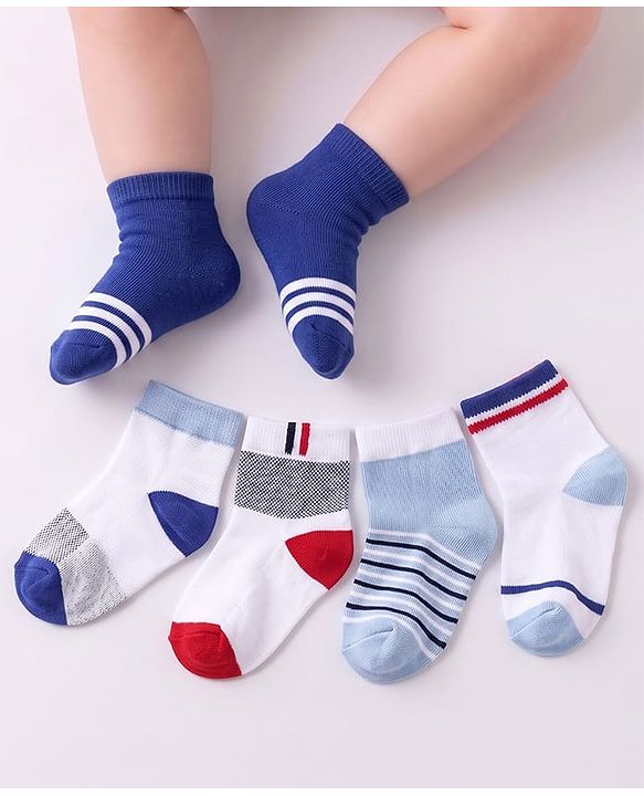 Cute Walk by Babyhug Cotton Blend Rich Non Terry Antibacterial Ankle Length Socks Striped Design Pack of 5 - Blue & White