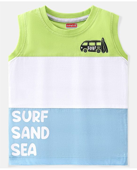 Babyhug 100% Cotton Sleeveless Cut & Sew T-Shirt Text Print - Lime White & Blue