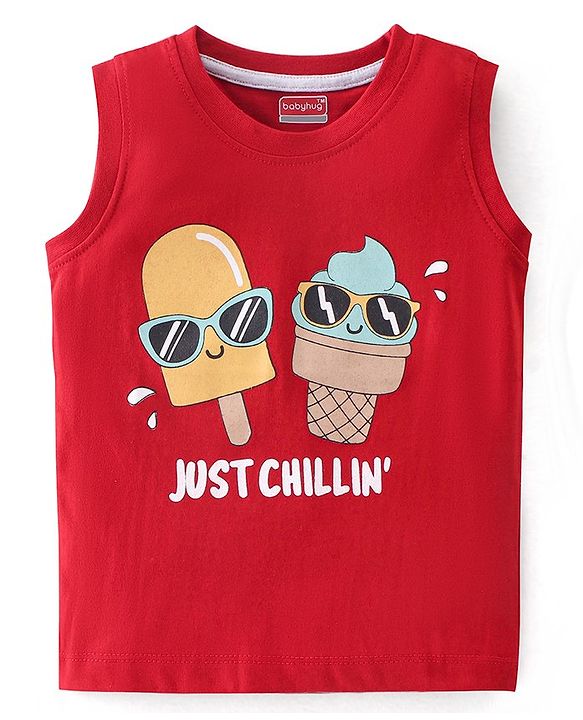 Babyhug Cotton Knit Sleeveless T-Shirt with Ice Cream Graphic Print - Red