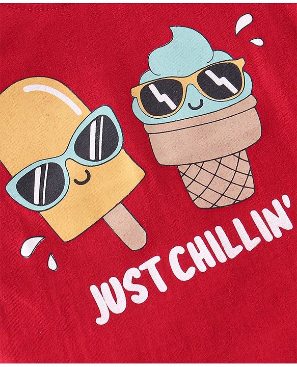 Babyhug Cotton Knit Sleeveless T-Shirt with Ice Cream Graphic Print - Red