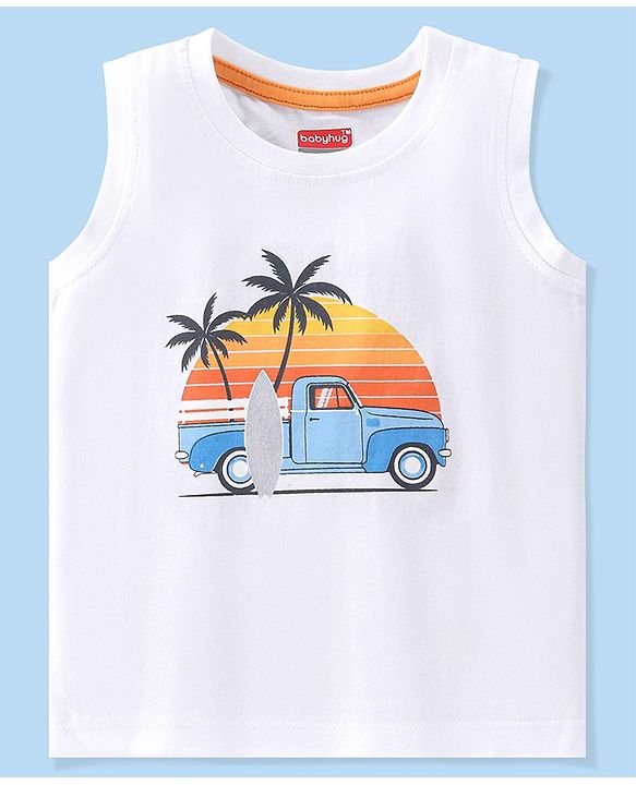 Babyhug 100% Cotton Sleeveless T-Shirt Tropical Print - White