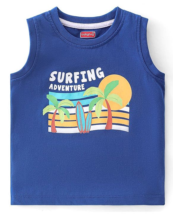 Babyhug Cotton Knit Sleeveless T-Shirt Tree Text & Stripe Print Pack of 3- Blue Red & Yellow