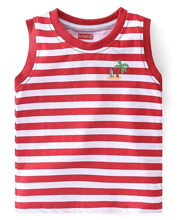 Babyhug Cotton Knit Sleeveless T-Shirt Tree Text & Stripe Print Pack of 3- Blue Red & Yellow