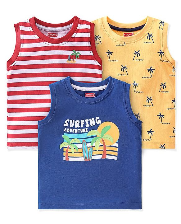 Babyhug Cotton Knit Sleeveless T-Shirt Tree Text & Stripe Print Pack of 3- Blue Red & Yellow