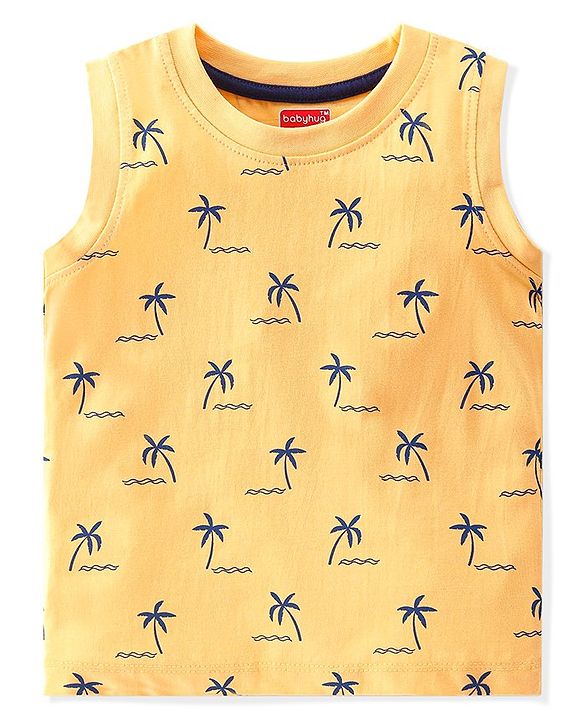 Babyhug Cotton Knit Sleeveless T-Shirt Tree Text & Stripe Print Pack of 3- Blue Red & Yellow