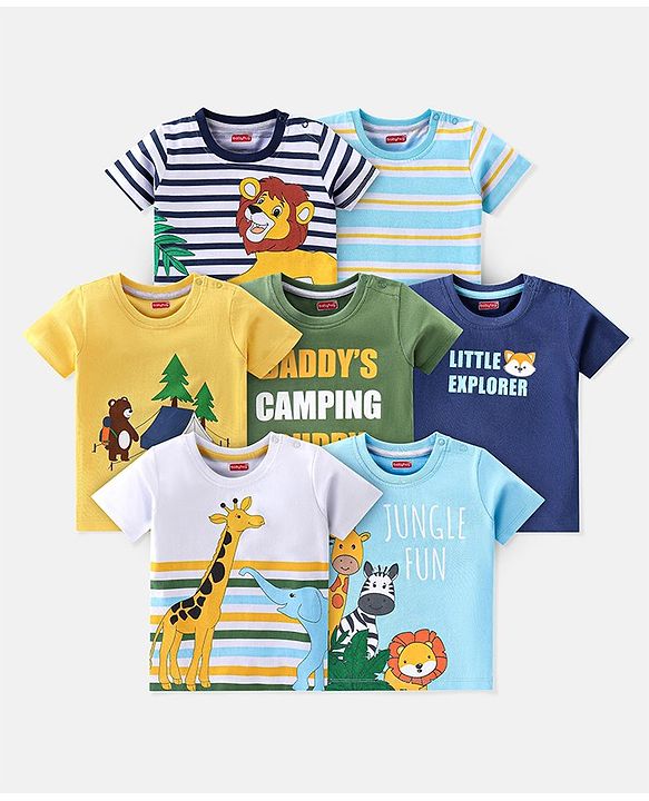 Babyhug 100% Cotton Knit Half Sleeves T-Shirts with Lion & Bear Graphics Pack of 7- Multicolour