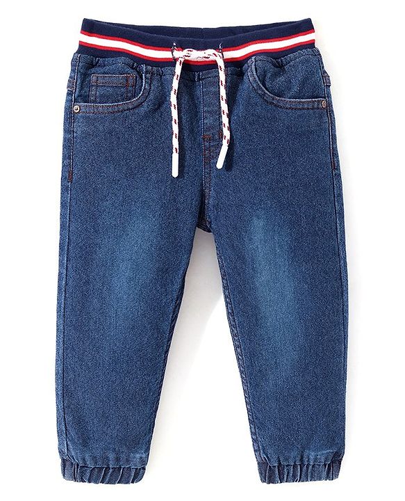 Babyhug Denim Full Length Ribbed Waist  Washed  Jogger - Dark Blue