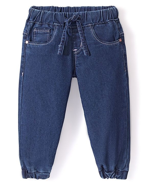 Babyhug Denim Full Length Joggers with Stretch- Dark Blue