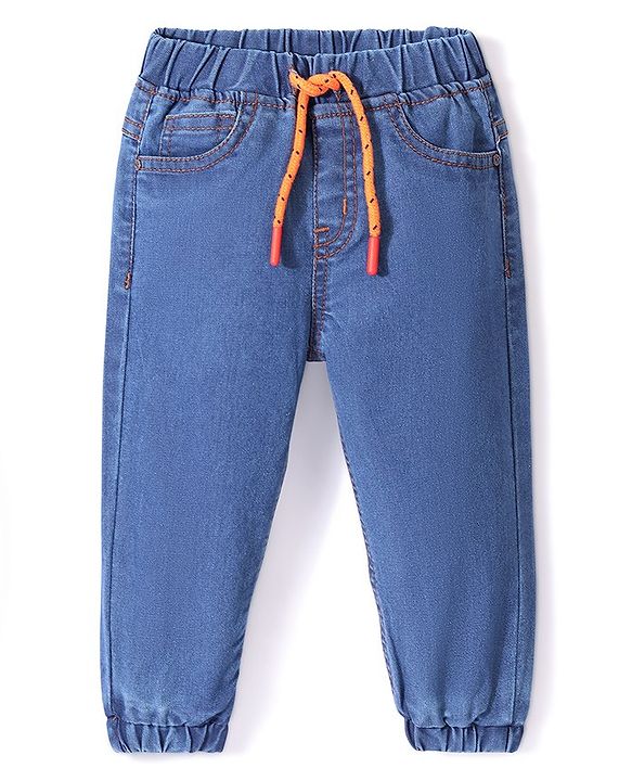 Babyhug Denim Full Length Joggers with Stretch - Medium Blue