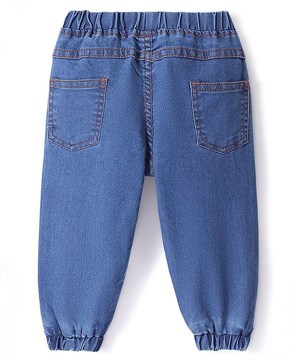 Babyhug Denim Full Length Joggers with Stretch - Medium Blue