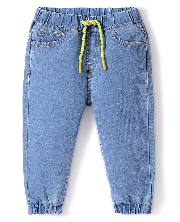 Babyhug Denim Full Length Joggers with Stretch - Medium Blue
