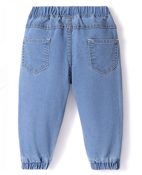 Babyhug Denim Full Length Joggers with Stretch - Medium Blue