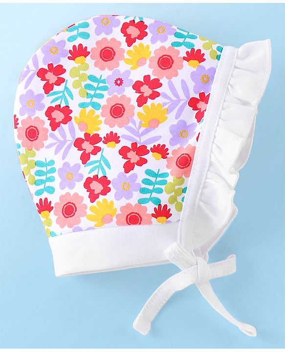 Babyhug 100% Cotton Caps Floral Print Pack of 2 - White & Yellow