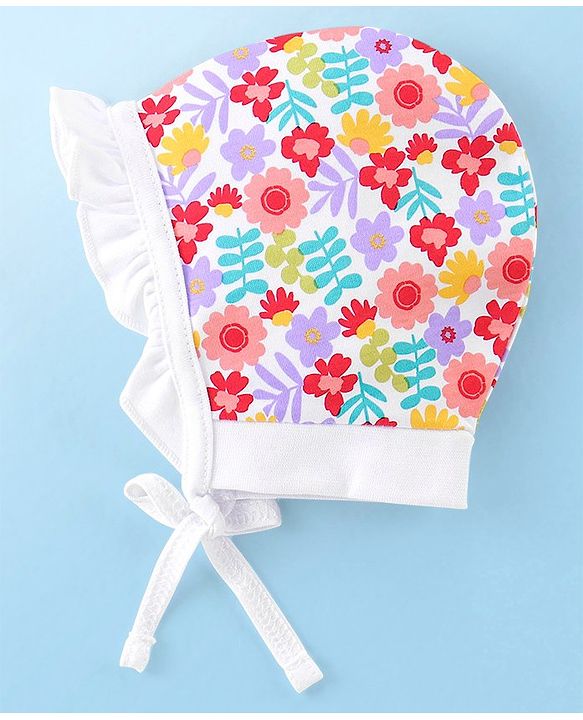 Babyhug 100% Cotton Caps Floral Print Pack of 2 - White & Yellow