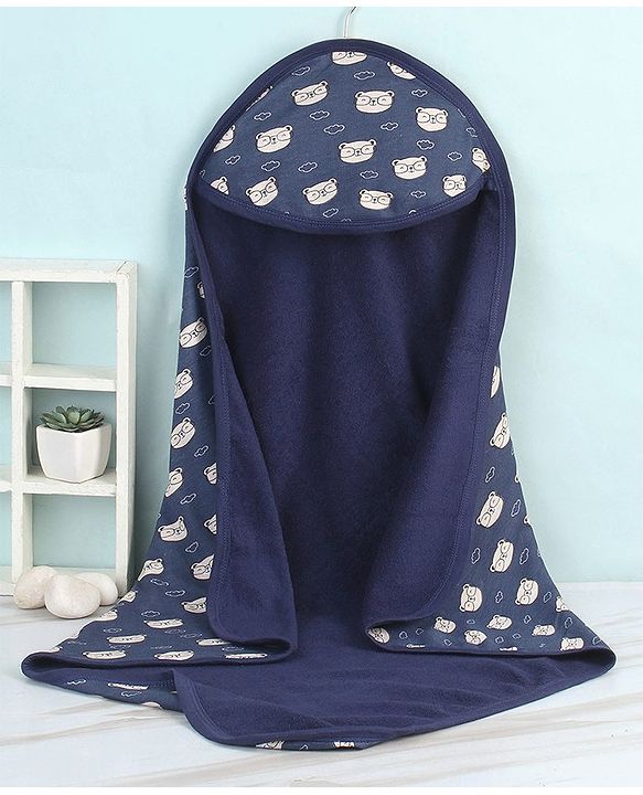Babyhug Terry Knit Hooded Towel & Wrappers Teddy Print L 76 x B 76 cm - Blue
