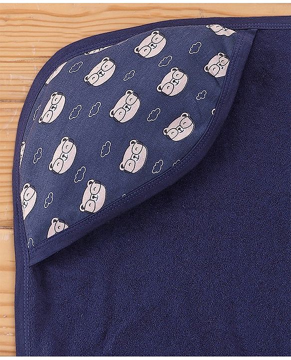 Babyhug Terry Knit Hooded Towel & Wrappers Teddy Print L 76 x B 76 cm - Blue