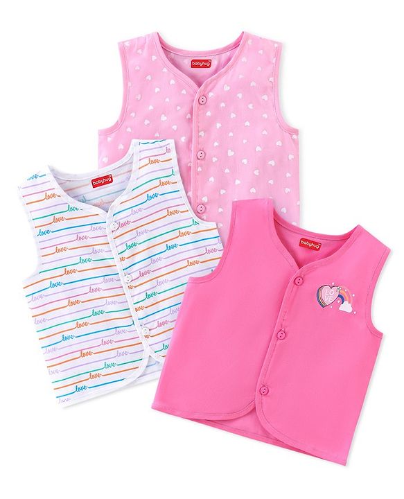 Babyhug 100% Cotton Woven Sleeveless Jhabla Heart Print Pack of 3 - Pink & White