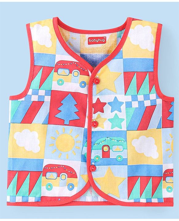 Babyhug 100% Cotton Sleeveless Front Open Jhabla Camp Theme Print Pack Of 3 - Yellow & White