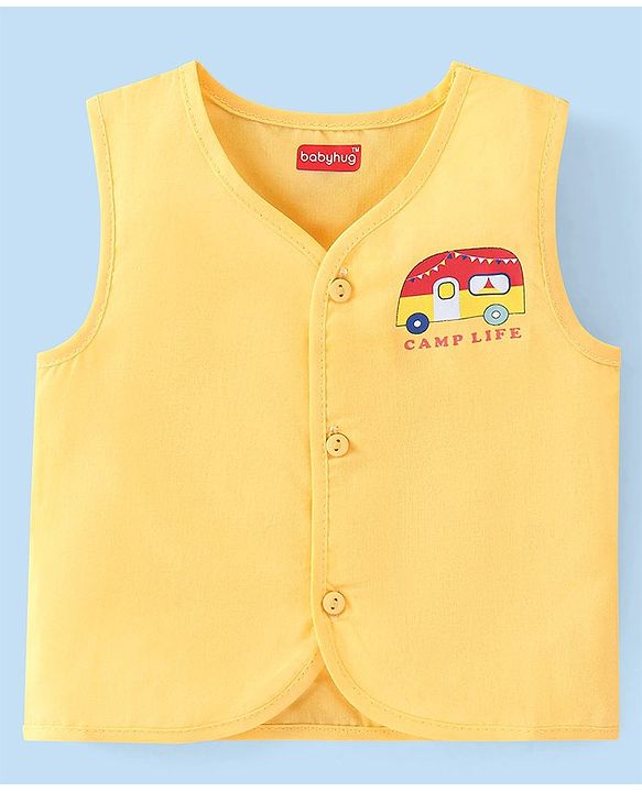 Babyhug 100% Cotton Sleeveless Front Open Jhabla Camp Theme Print Pack Of 3 - Yellow & White
