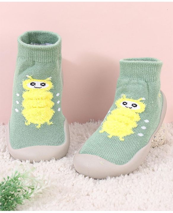 Cute Walk by Babyhug Solid Color Socks Shoe with Caterpillar Design - Green