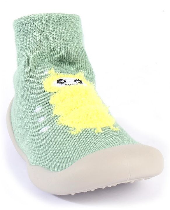Cute Walk by Babyhug Solid Color Socks Shoe with Caterpillar Design - Green