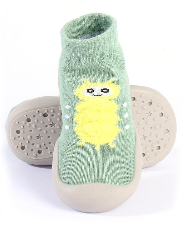 Cute Walk by Babyhug Solid Color Socks Shoe with Caterpillar Design - Green